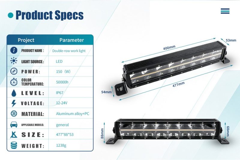 150W Double Row Long Led Work Light Bar Specs Dimensions English source spec graphic showing 150W, 12-24V, IP67, aluminum alloy + PC, 477 x 88 x 53 mm, and 1238 g references.