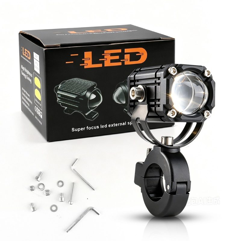 15W Motorcycle Led Lens Spotlight Package Hardware Package and hardware reference showing the spotlight, retail box, screws, nuts, washers, and hex keys.