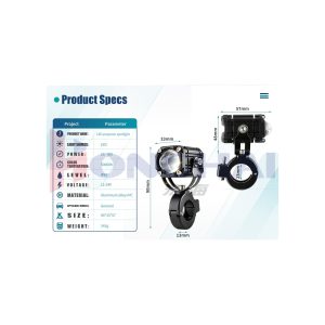15W Motorcycle Led Lens Spotlight Specifications Dimensions Source specification graphic showing 15W power, 12-24V input, IP67 reference, aluminum alloy + PC material, 90 x 33 x 57mm size, and 141g weight.