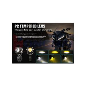 15W Motorcycle Led Lens Spotlight White Amber Lighting Reference English lighting reference showing pure white, pure yellow, and combined white-yellow light directions.