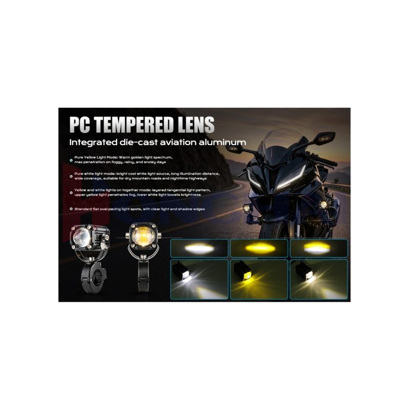 15W Motorcycle Led Lens Spotlight White Amber Lighting Reference English lighting reference showing pure white, pure yellow, and combined white-yellow light directions.