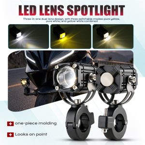 15W Motorcycle Led Lens Spotlight White Yellow Modes English source graphic showing pure yellow, pure white, and yellow-white combined mode references.