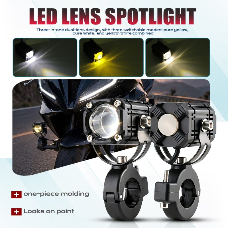 15W Motorcycle Led Lens Spotlight White Yellow Modes English source graphic showing pure yellow, pure white, and yellow-white combined mode references.