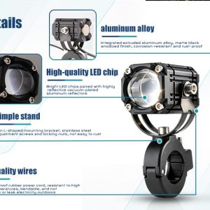 15W Yellow White Motorcycle Led Lens Spotlight Details English product detail reference showing aluminum alloy housing, LED chip, simple stand, and wire references.
