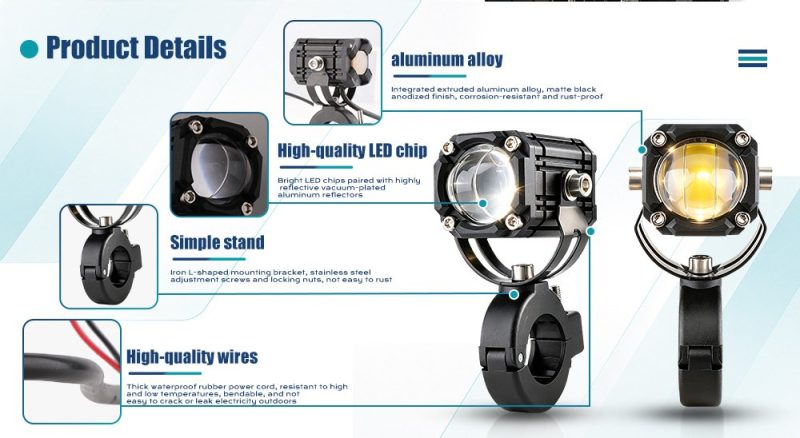 15W Yellow White Motorcycle Led Lens Spotlight Details English product detail reference showing aluminum alloy housing, LED chip, simple stand, and wire references.