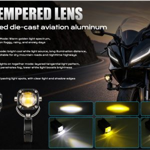 15W Yellow White Motorcycle Led Lens Spotlight Light Modes English light-mode reference showing pure yellow, pure white, and yellow-white mode directions from the supplied source image.