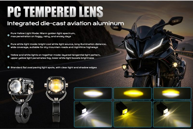 15W Yellow White Motorcycle Led Lens Spotlight Light Modes English light-mode reference showing pure yellow, pure white, and yellow-white mode directions from the supplied source image.