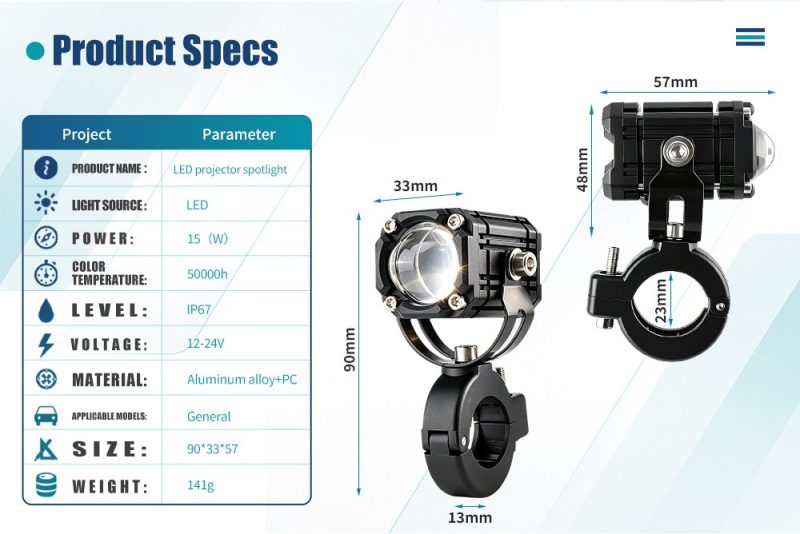 15W Yellow White Motorcycle Led Lens Spotlight Specification Source specification graphic showing 15W, 12-24V, IP67 source rating, aluminum alloy plus PC material, 90x33x57mm size reference, 23mm clamp reference