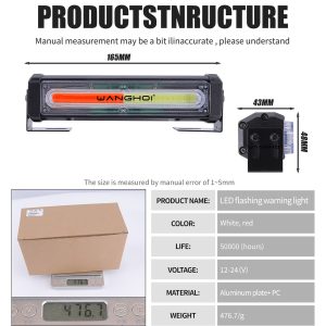 165Mm Cob Flashing Led Warning Light Specification Supplied specification graphic listing 165mm length, 12-24V reference, material, and weight notes.