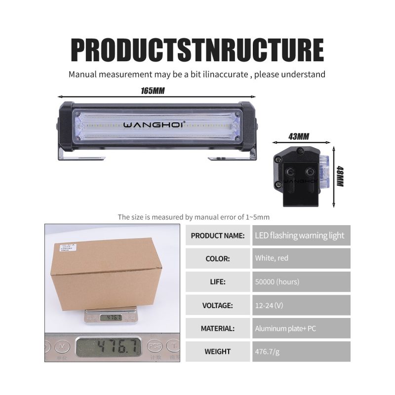 165Mm Dual Row Cob Warning Light Structure Specs Source structure graphic showing 165mm length, 43mm and 48mm references, 12-24V, material, life, and weight wording.