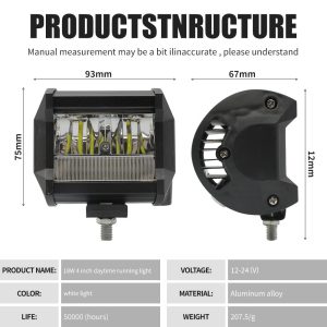 18W 4 Inch Led Daytime Running Work Light Specification Source specification graphic showing 18W 4 inch daytime running light reference, white light, 12-24V, aluminum alloy material, 50000 hour life referen