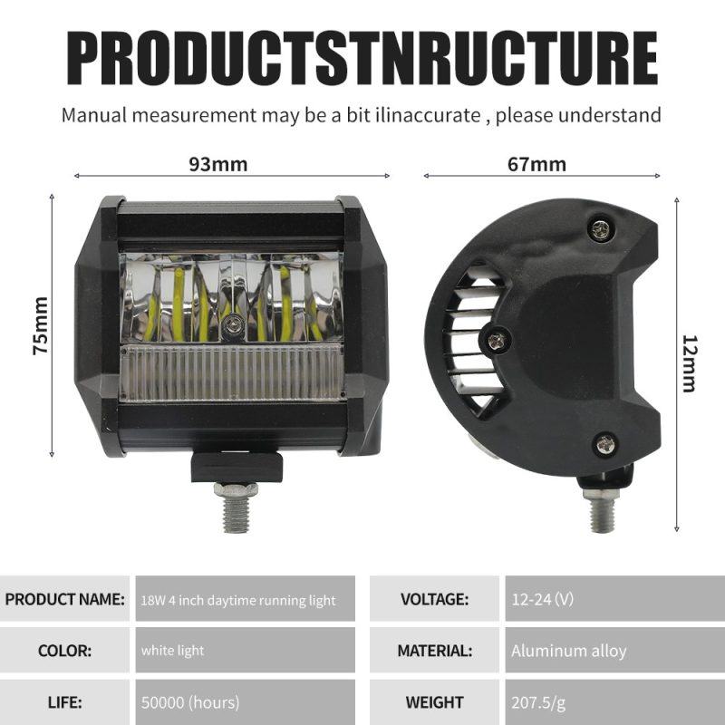 18W 4 Inch Led Daytime Running Work Light Specification Source specification graphic showing 18W 4 inch daytime running light reference, white light, 12-24V, aluminum alloy material, 50000 hour life referen