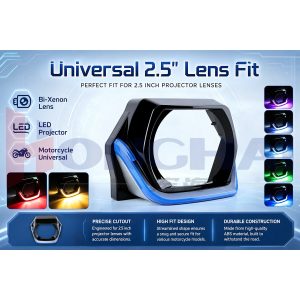 Source fitment graphic showing universal 2.5 inch lens fit wording for projector-lens retrofit checks.