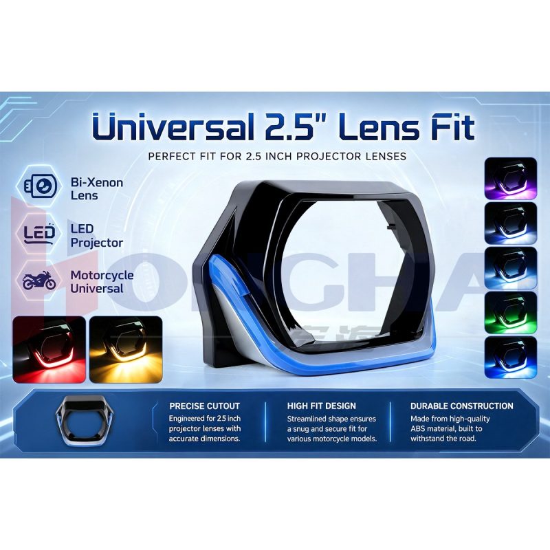 Source fitment graphic showing universal 2.5 inch lens fit wording for projector-lens retrofit checks.