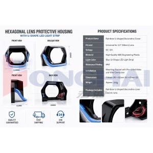 Source specification graphic showing 2.5 inch lens fit, DC 12V, ABS, IP67, 114mm, 82mm, 61mm, and about 100g wording.