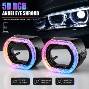 2 5 Inch Square Black 5D Rgb Angel Eye Shroud Overview English overview showing 5D RGB angel eye shroud direction, black ABS housing reference, and diamond PC lens reference.