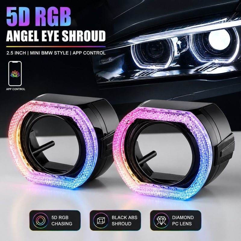 2 5 Inch Square Black 5D Rgb Angel Eye Shroud Overview English overview showing 5D RGB angel eye shroud direction, black ABS housing reference, and diamond PC lens reference.