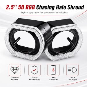 2 5 Inch Square Black 5D Rgb Chasing Halo Shroud Feature Feature graphic showing 2.5 inch 5D RGB chasing halo shroud, diamond PC lens, glossy ABS housing, APP control, and DRL plus turn signal direction.