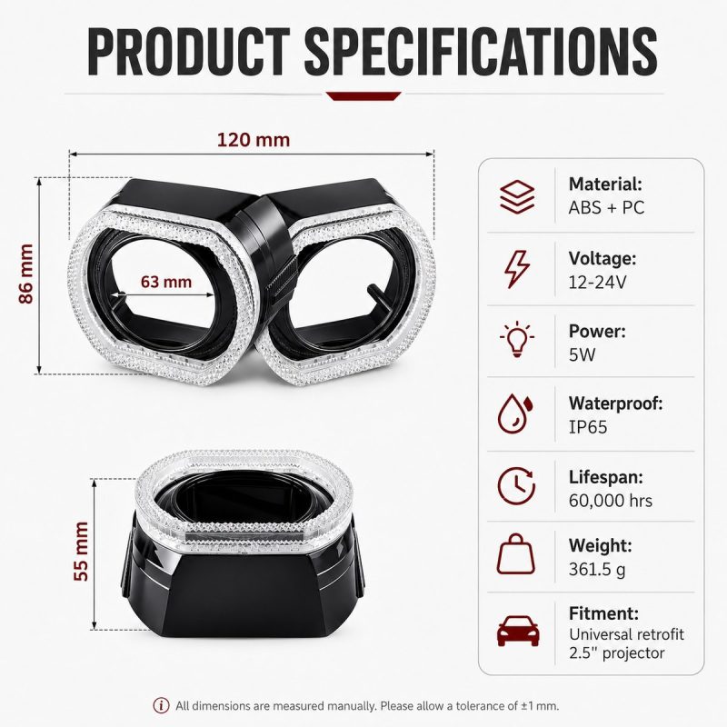 2 5 Inch Square Black 5D Rgb Chasing Projector Shroud Specifications Specification reference showing 120 mm width, 86 mm height, 55 mm depth, 63 mm opening, 12-24V, 5W, ABS + PC, IP65 source reference, and 361.5 g weigh
