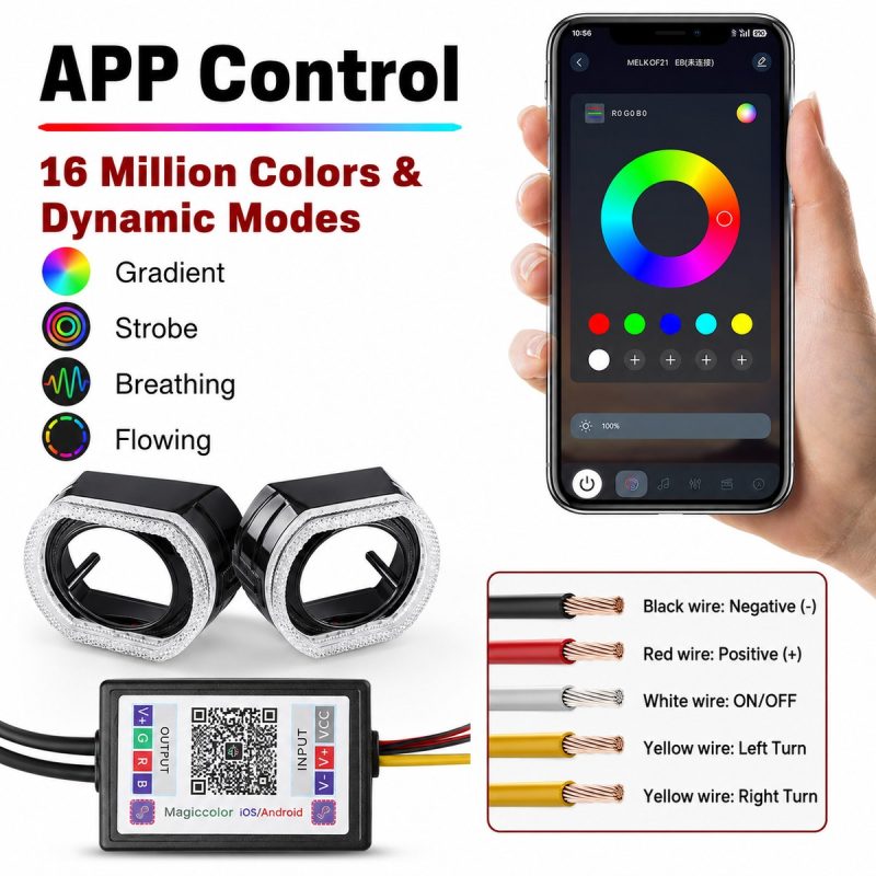 2 5 Inch Square Black 5D Rgb Chasing Shroud App Control Wiring APP control and wiring reference showing 16 million colors, dynamic modes, and wire color definitions from the supplied source image.