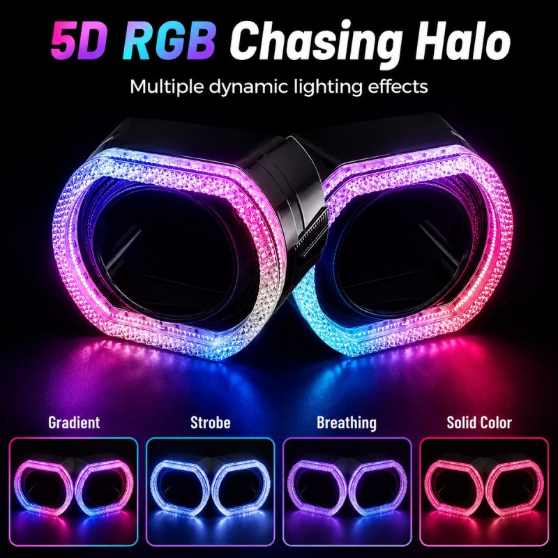 2 5 Inch Square Black 5D Rgb Chasing Shroud Lighting Modes RGB chasing lighting modes reference showing gradient, strobe, breathing, and solid color effects.
