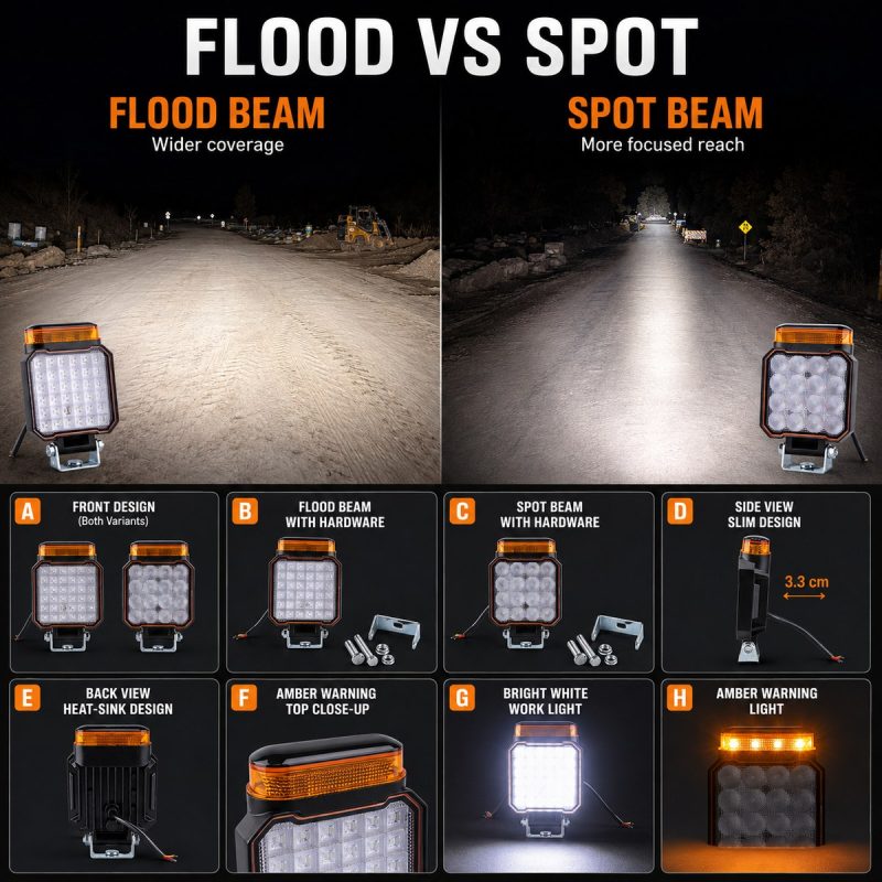 2 In 1 Amber Warning Led Work Light Flood Vs Spot Flood versus spot beam reference for work-vehicle lighting selection.