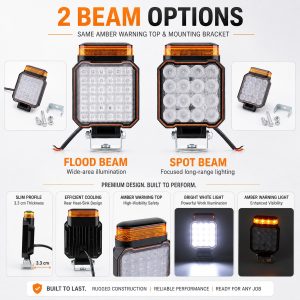 2 In 1 Amber Warning Led Work Light Two Beam Options Flood beam and spot beam option reference with the same amber warning top direction.