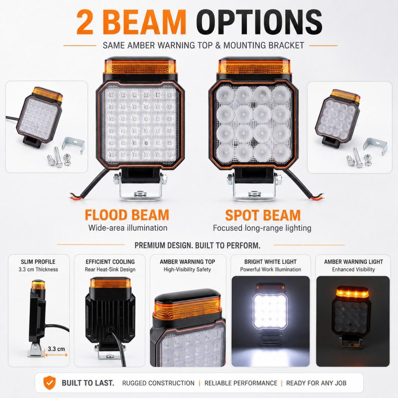 2 In 1 Amber Warning Led Work Light Two Beam Options Flood beam and spot beam option reference with the same amber warning top direction.