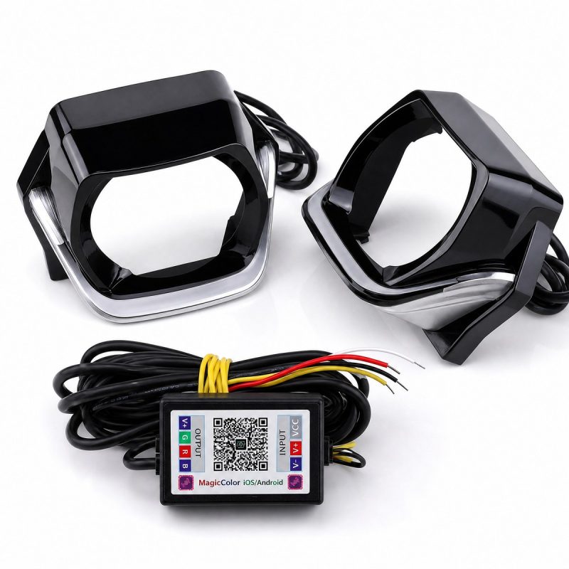 Kit reference showing paired shrouds, wiring, and MagicColor iOS/Android controller label.