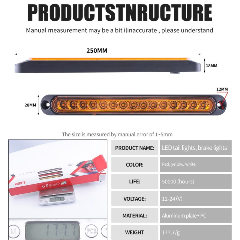 250Mm Led Tail Brake Light Strip Dimensions Specs Source specification graphic showing 250mm length, 28mm face height, 18mm side height, 12mm mounting-hole reference, 12-24V, material, weight, and lif