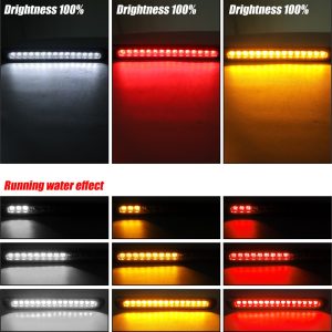 250Mm Led Tail Brake Light Strip Lighting Effects Source lighting reference showing 100% brightness examples and running-water effect sequence.