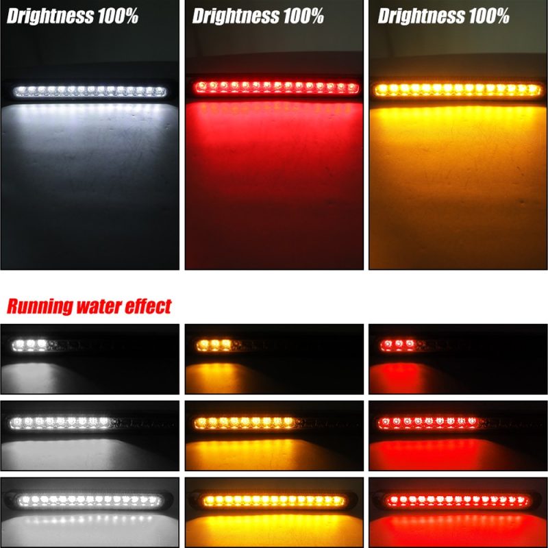 250Mm Led Tail Brake Light Strip Lighting Effects Source lighting reference showing 100% brightness examples and running-water effect sequence.
