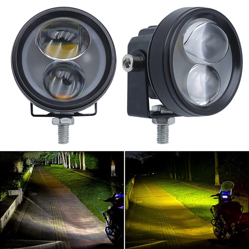 2X8W Small Gourd Motorcycle Led Spotlight Front Side Lighting Front/side product view with white and yellow lighting effect references.