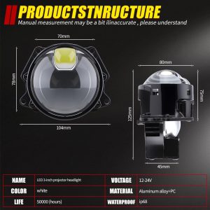 3 Inch Dual Direct Led Projector Headlight Specifications Dimensions Source specification graphic showing 12-24V, white light, aluminum alloy + PC material, IP68 wording, 50,000-hour life reference, and dimension refere