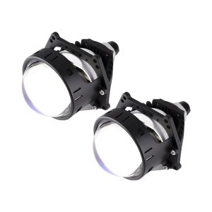 3 Inch Led Projector Headlight Angled Side Angled side view showing the projector lens, black housing, bracket ears, and rear thread section.