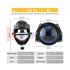 3 Inch Led Projector Headlight Specifications Dimensions Source specification graphic showing 3 inch LED front headlight wording, 12-24V, white light, aluminum alloy + PC material, IP68 wording, 50,000-hour