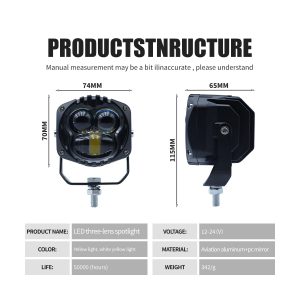 Source specification graphic showing 12-24V input, 74 x 70mm front reference, 65mm depth, 115mm bracket height, 342g weight reference, and IP67 refere