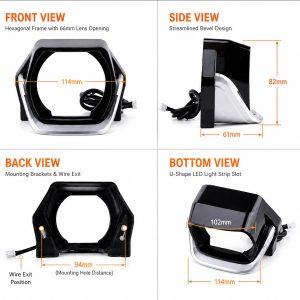 Front, side, back, and bottom view dimension reference for buyer checking.