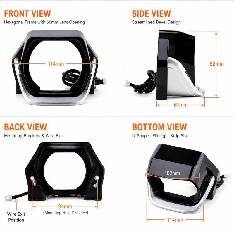 Front, side, back, and bottom view dimension reference for buyer checking.