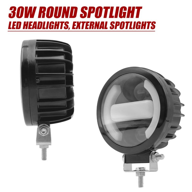 30W Round External Led Spotlight Side Angled View Side and angled product view showing the round housing and bracket mount.