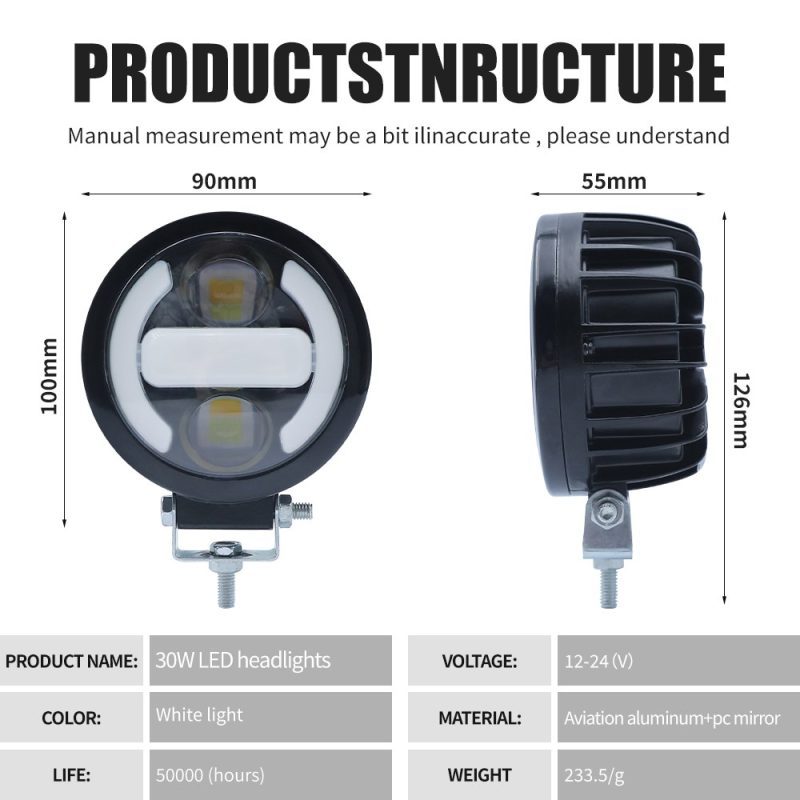 30W Round External Led Spotlight Specifications Dimensions Source specification graphic showing 12-24V, white light, aviation aluminum + PC mirror wording, 50,000-hour life reference, 90mm, 100mm, 55mm, 126mm,