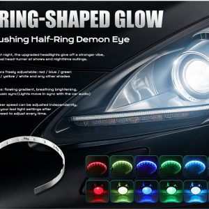 360 Degree Rgb Bluetooth App Demon Eye Led Strip Color Modes English color-mode reference showing ring-shaped glow, 16 million color direction, and 20 dynamic mode direction from the supplied source image.