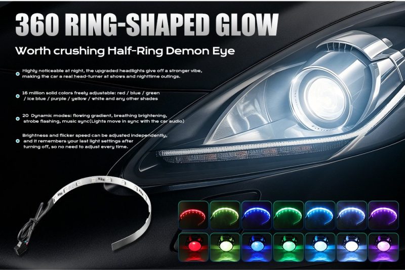 360 Degree Rgb Bluetooth App Demon Eye Led Strip Color Modes English color-mode reference showing ring-shaped glow, 16 million color direction, and 20 dynamic mode direction from the supplied source image.