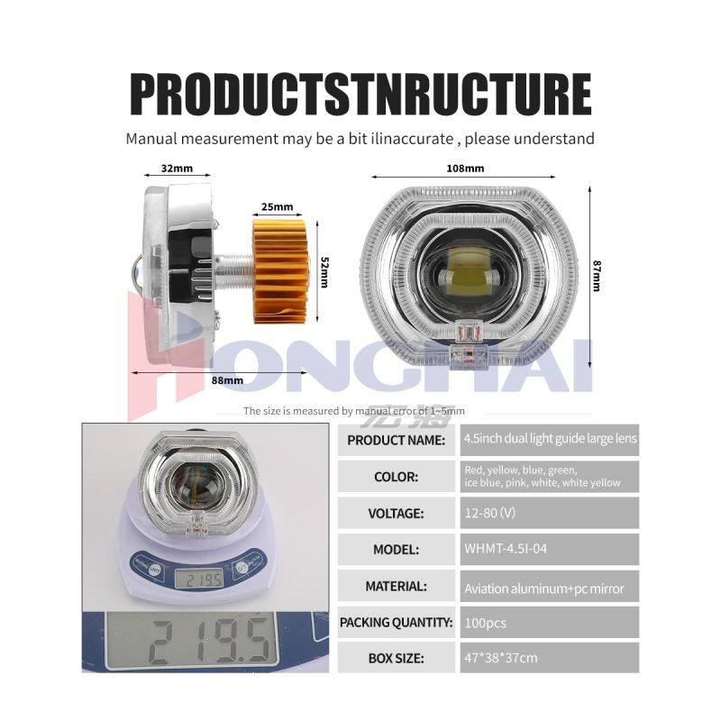 4 5Inch Dual Light Guide Built In Lens Structure Size Source structure graphic showing WHMT-4.5I-04, 12-80V, dimensions, weight, material, and carton references.