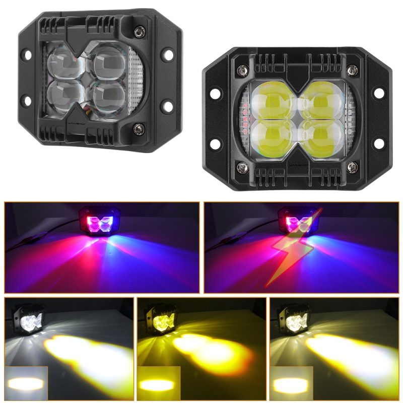 Source image reference for white/yellow beam views and red/blue strobe direction.