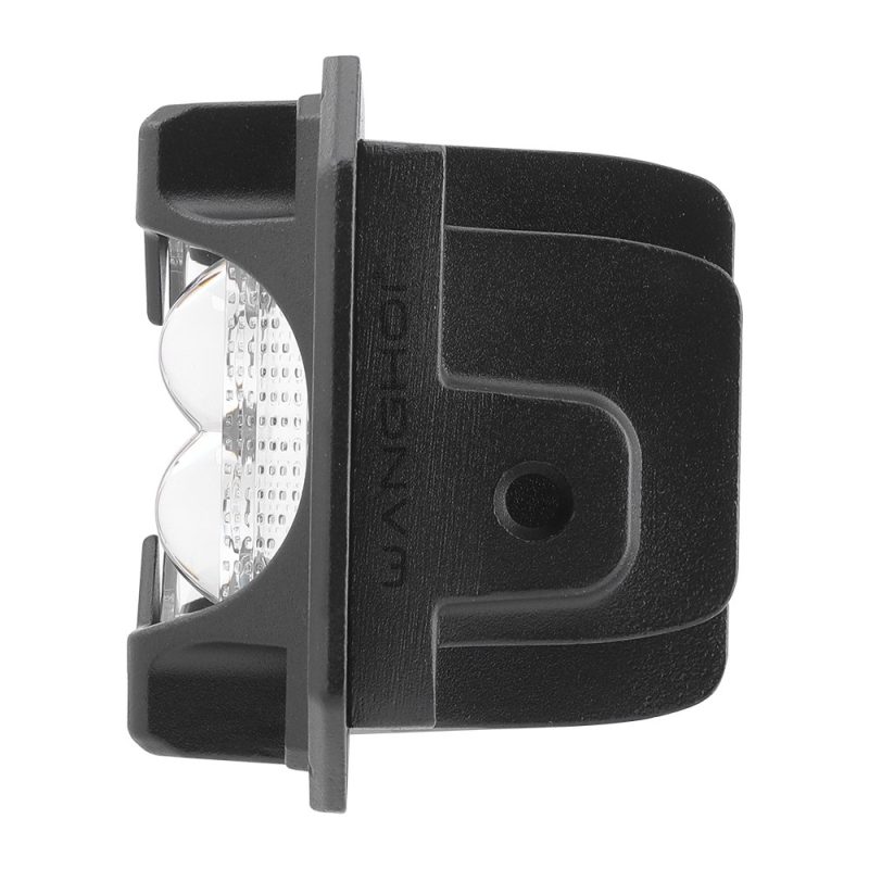 Side housing view showing the embedded body depth and mounting flange direction.
