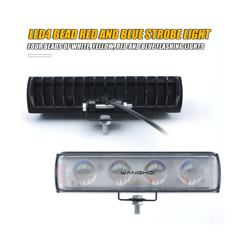 4 Bead Red Blue Strobe Led Work Light Bar Rear Cable Rear housing view showing heat sink fins, cable exit, and bracket mount structure.