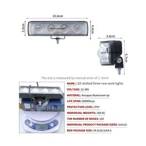 4 Bead Red Blue Strobe Led Work Light Bar Specs Source structure graphic listing 15.6cm length, 12-36V, IP67, 188.5g unit weight, and package references.