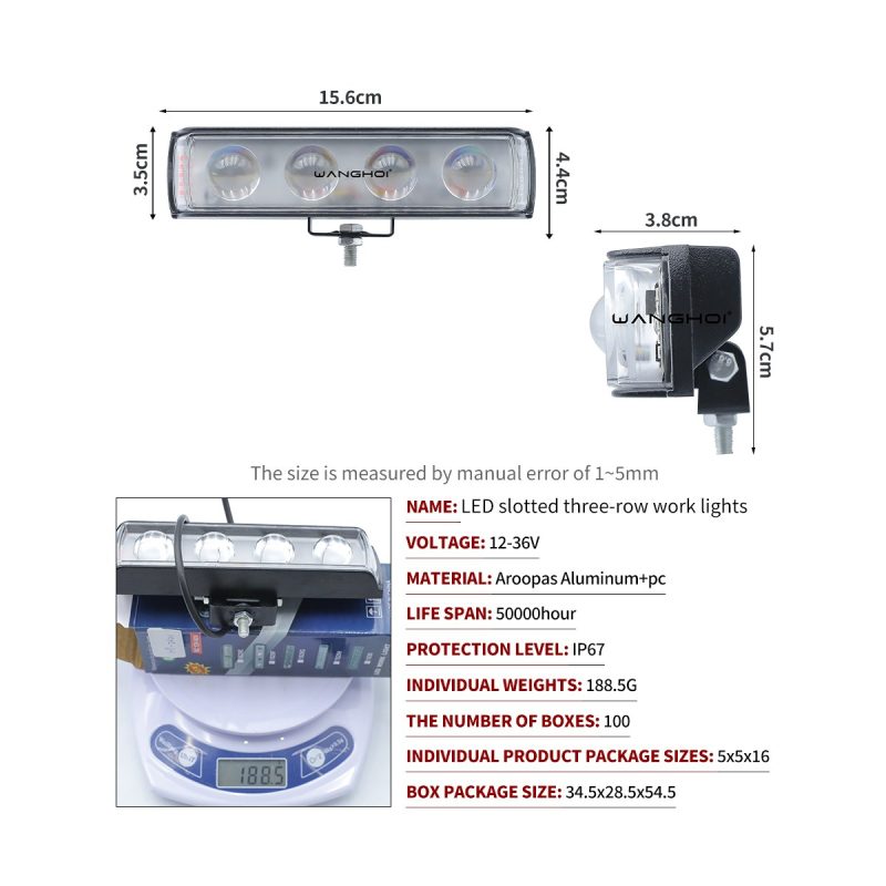 4 Bead Red Blue Strobe Led Work Light Bar Specs Source structure graphic listing 15.6cm length, 12-36V, IP67, 188.5g unit weight, and package references.