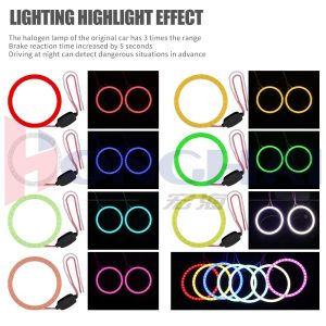 40Mm Seven Color Cob Led Angel Eye Halo Ring Lighting Colors Source graphic showing red, yellow, blue, green, ice blue, white, and pink color references.